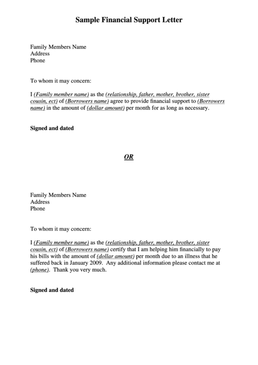 Sample Financial Support Letter Printable pdf