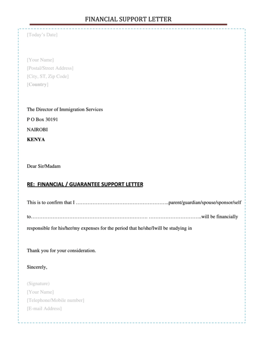 Financial Support Letter Printable pdf