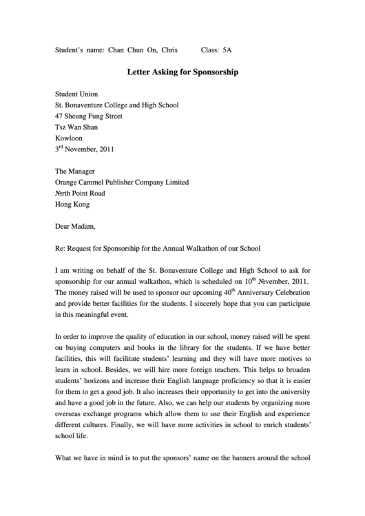Letter Asking For Sponsorship Sample Printable pdf