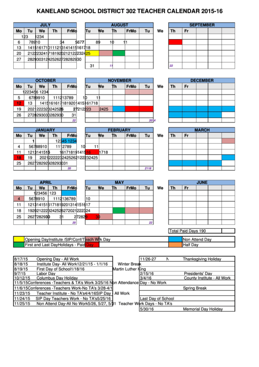 Kaneland School District 302 Teacher Calendar - 2015-2016 Printable pdf