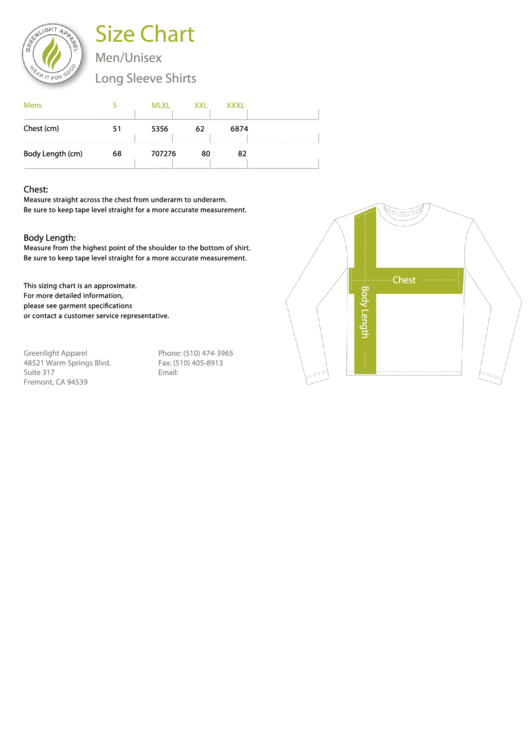 Greenlight Apparel Long Sleeve Shirts Men/unisex Size Chart Printable pdf