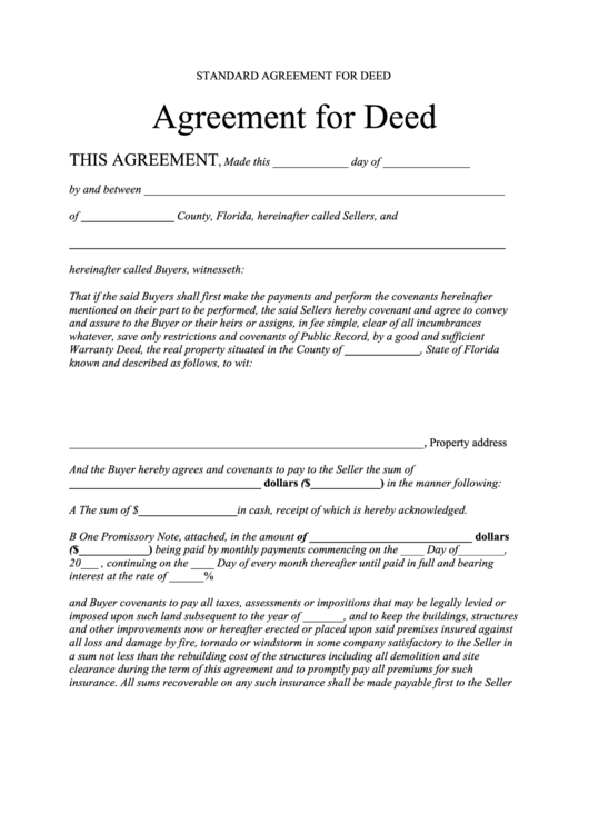 Agreement For Deed - Warranty Deed -State Of Florida Printable pdf