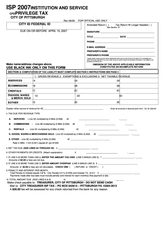 Form Isp - Institution And Service Privilege Tax - City Of Pittsburgh - 2007 Printable pdf
