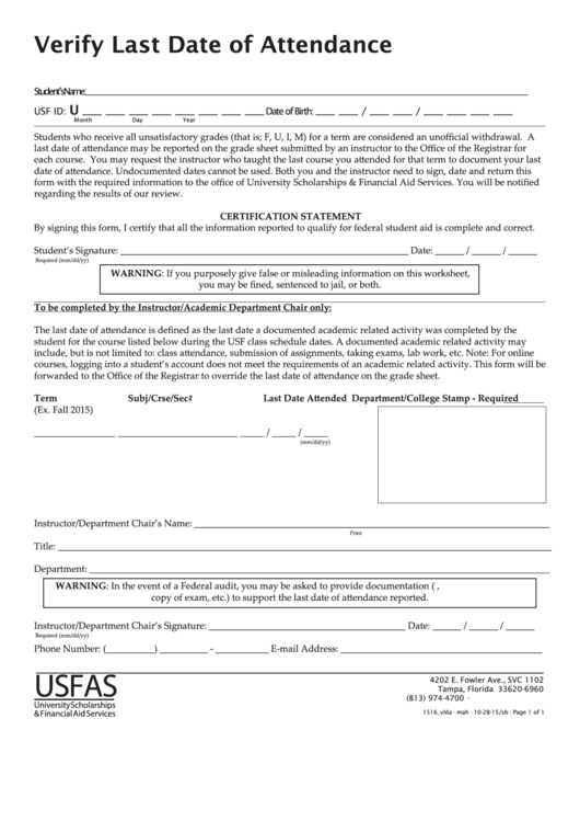 Verify Last Date Of Attendance Form - University Scholarships & Financial Aid Services(Usfas) Printable pdf