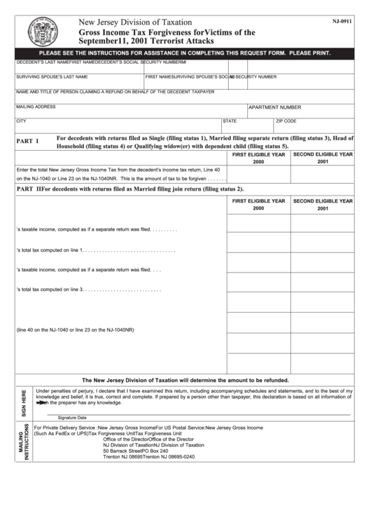 Fillable Form Nj-0911 - Gross Income Tax Forgiveness For Victims Of The September 11, 2001 Terrorist Attacks Printable pdf