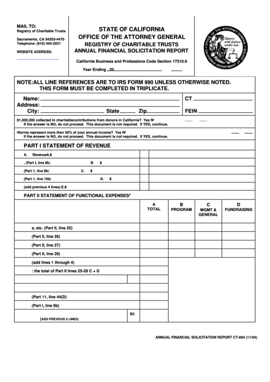 Fillable Form Ct-694 - Annual Financial Solicitation Report Printable pdf