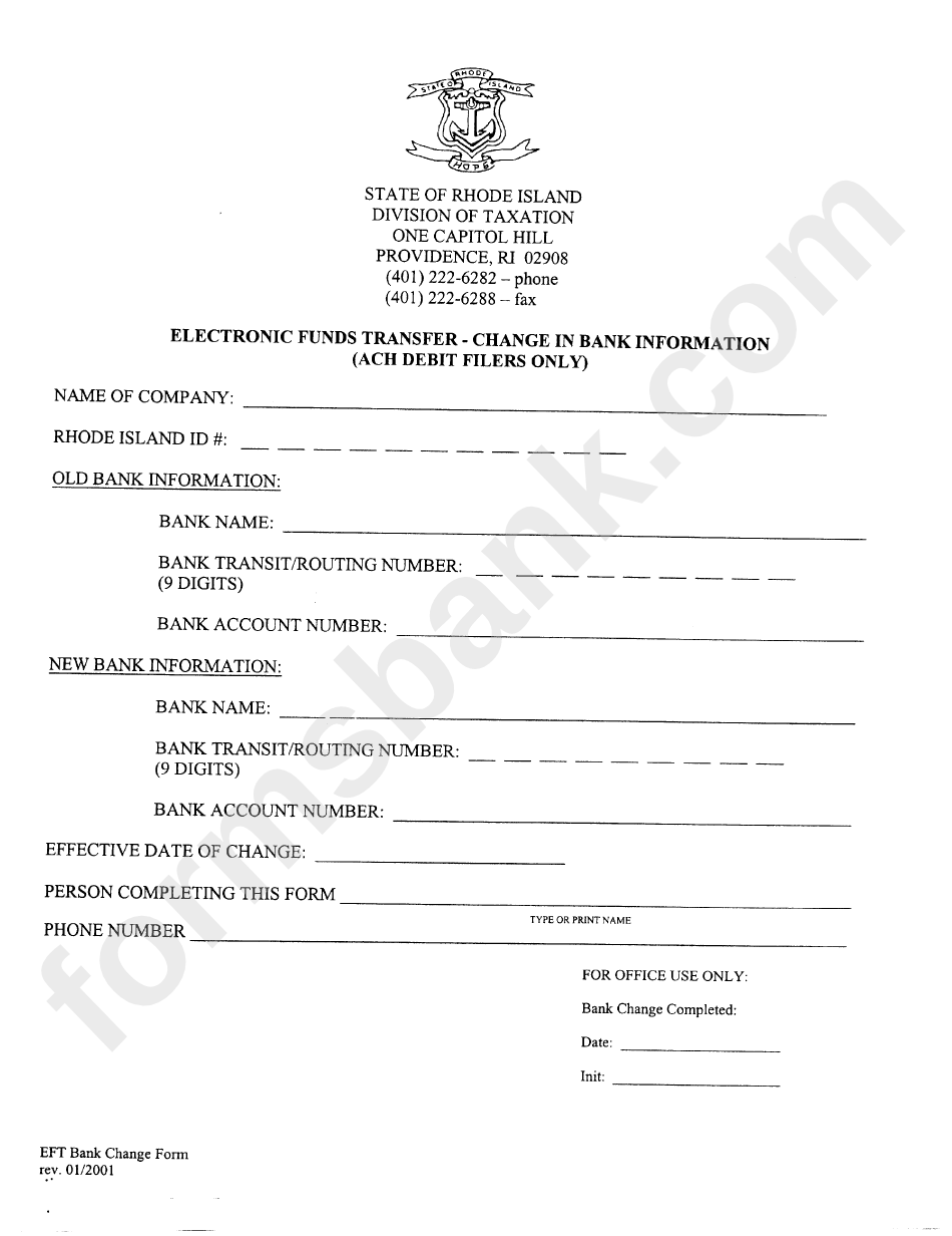 Electronic Funds Transfer - Change In Bank Information Form