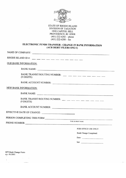 Electronic Funds Transfer - Change In Bank Information Form Printable pdf