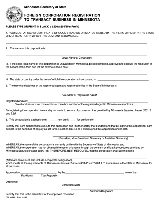 Form 07930898 - Foreign Corporation Registration To Transact Business In Minnesota - 1998 Printable pdf