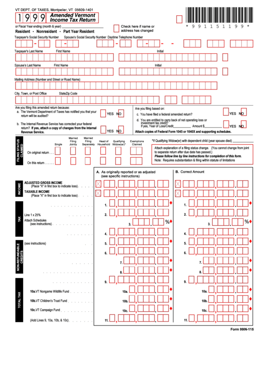 Form 99in-115 - Amended Vermont Income Tax Return - 1999 Printable pdf