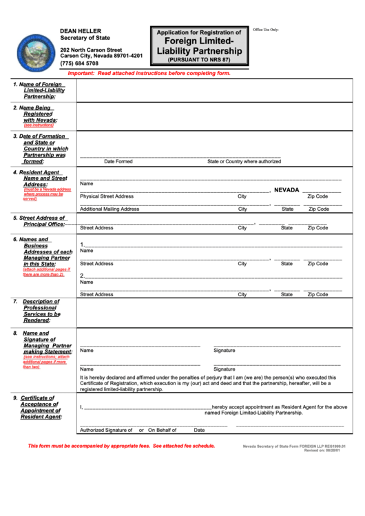 Form Foreign Llp Reg1999.01 - Application For Registration Of Foreign Limitedliability Partnership - 2001 Printable pdf