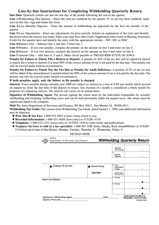 Form 44-095 - Withholding Quarterly Return - Iowa Department Of Revenue And Finance Printable pdf