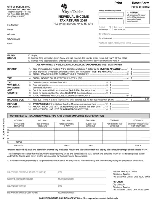 Fillable Form D-1040ez - Individual Income Tax Return - 2015 Printable pdf