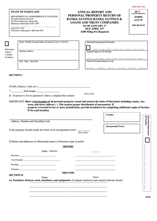 Fillable Form At3-75 - Annual Report And Personal Property Return - 2017 Printable pdf
