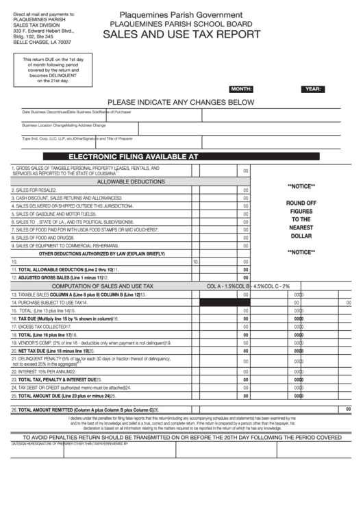 Sales And Use Tax Report - Plaquemines Parish Government Printable pdf
