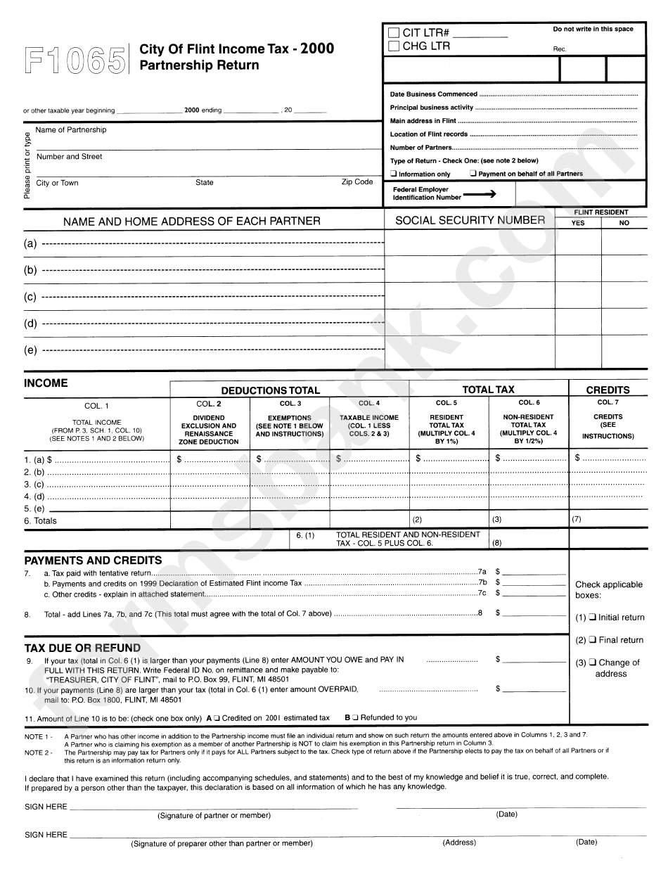 Form F1065 - Income Tax Partnership Return - City Of Flint - 2000