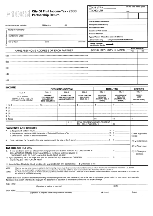 Form F1065 - Income Tax Partnership Return - City Of Flint - 2000 Printable pdf