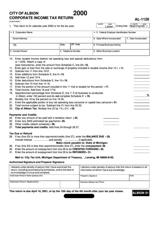 Form Al-1120 - Corporate Income Tax Return - City Of Albion - 2000 Printable pdf
