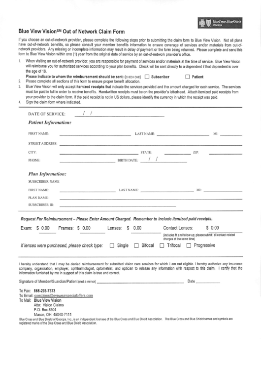 Blue View Vision Out Of Network Claim Form Printable pdf