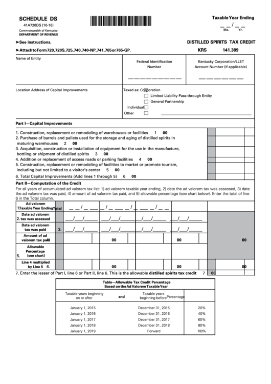 Form 41a720ds Schedule Ds - Distilled Spirits Tax Credit - 2016