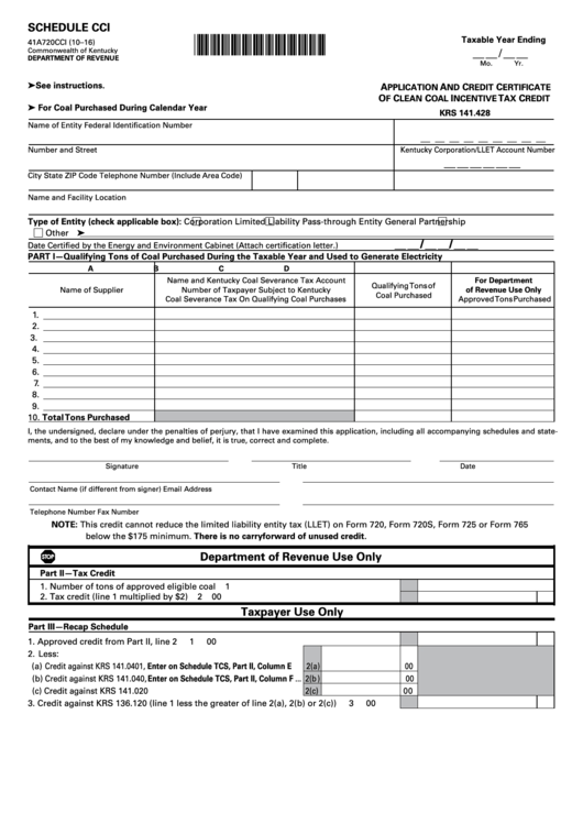 Form 41a720cci - Schedule Cci - Application And Credit Certificate Of Clean Coal Incentive Tax Credit Printable pdf