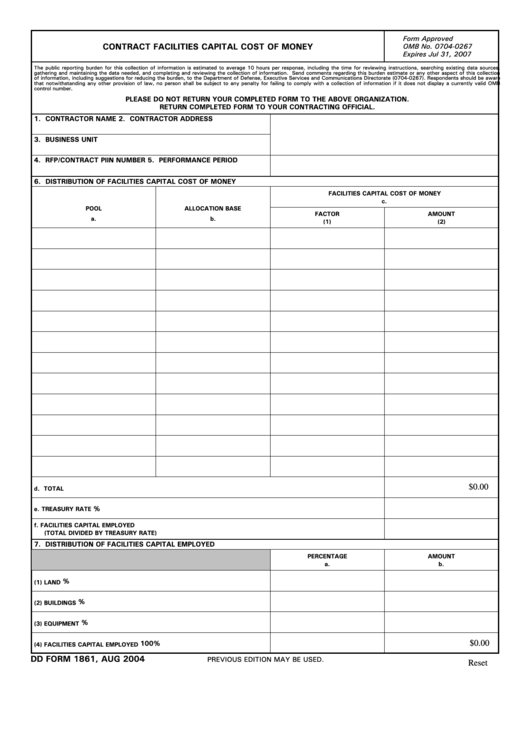 Fillable Dd Form 1861 - Contract Facilities Capital Cost Of Money Printable pdf