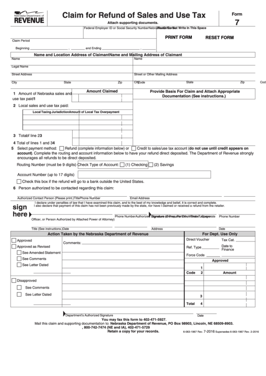Fillable Form 7 - Claim For Refund Of Sales And Use Tax - 2016 Printable pdf