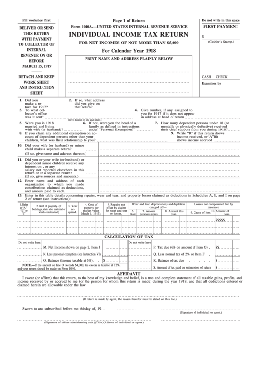 Form 1040a - Individual Income Tax Return - 1918 Printable pdf