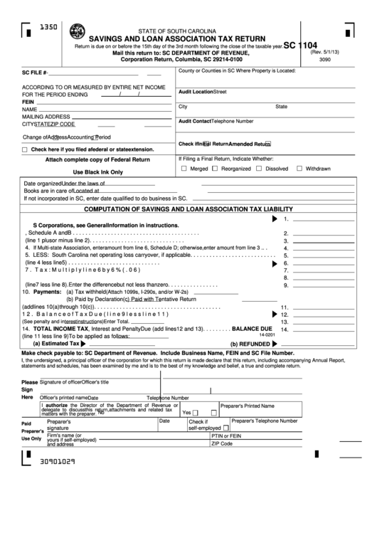 Form Sc 1104 - Savings And Loan Association Tax Return - 2013 Printable pdf