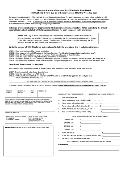Form Bw-3 - Reconciliation Of Income Tax Withheld - 2015 Printable pdf