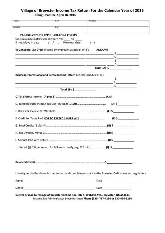 Income Tax Return - Village Of Brewster - 2015 Printable pdf