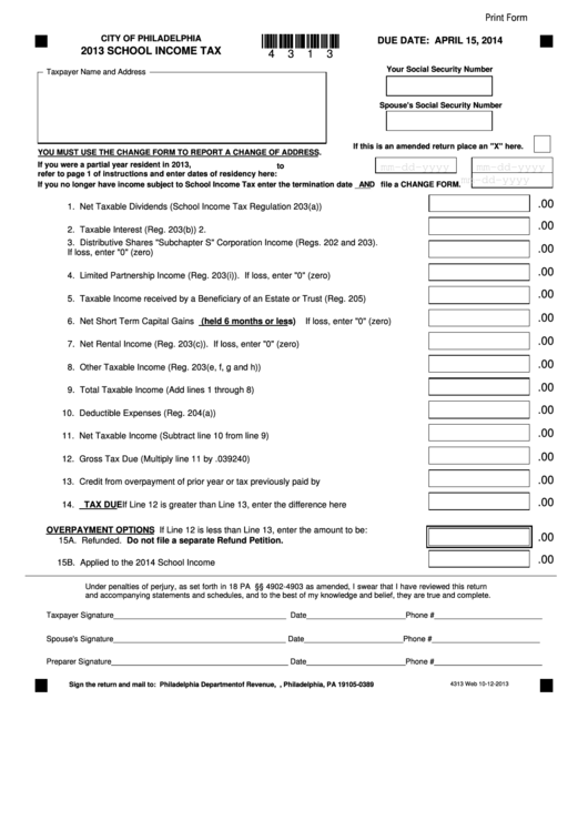 Fillable Form 4313 - School Income Tax - City Of Philadelphia - 2013 Printable pdf