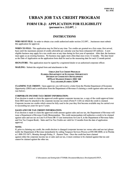 Form Ur-J - Application For Eligibility - Urban Job Tax Credit Program - Florida Department Of Economic Opportunity Printable pdf