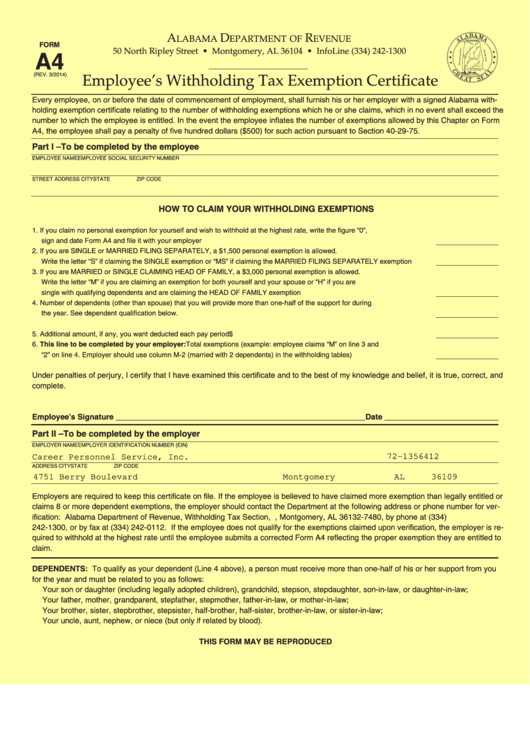Form A4 - Employee's Withholding Tax Exemption Certificate - Alabama Department Of Revenue