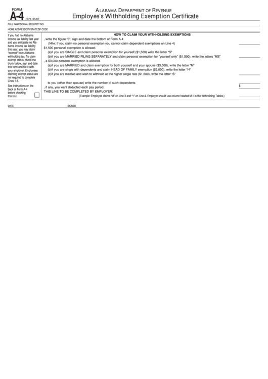 Form A-4 - Employee's Withholding Exemption Certificate - Alabama Department Of Revenue