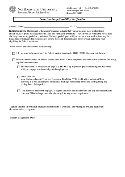 Fillable Loans Discharged Due To Disability Form - U.s. Department Of Education Printable pdf