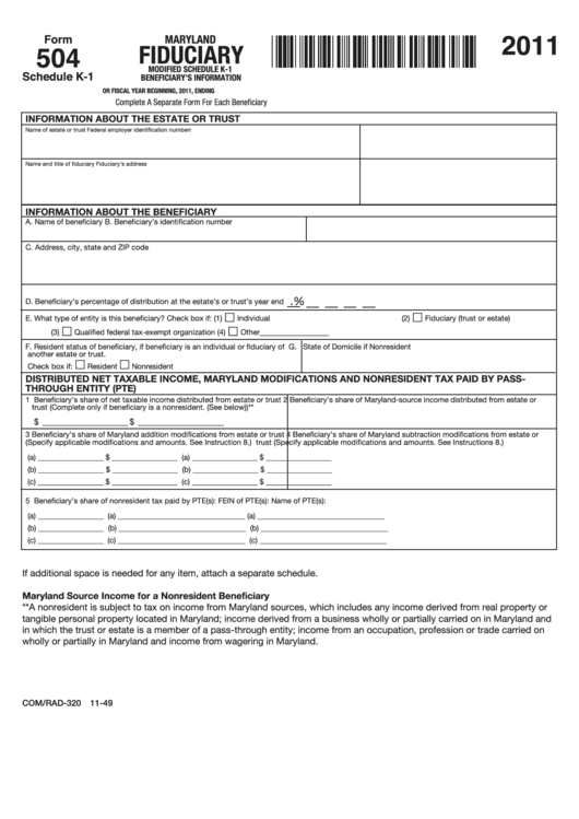Form 504 (schedule K-1) - Maryland Fiduciary Modified Schedule K-1 Beneficiary's Information - 2011