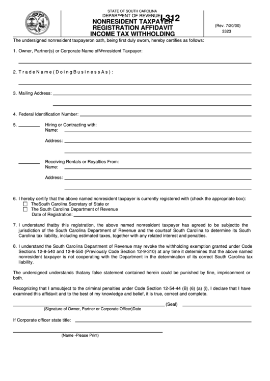 Form I-312 - Nonresident Taxpayer Registration Affidavit Income Tax Withholding Printable pdf