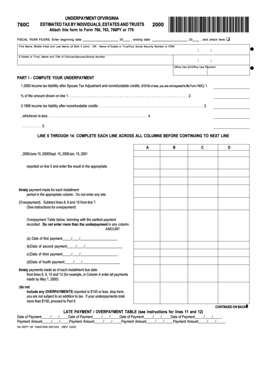 Form 760c - Underpayment Of Virginia Estimated Tax By Individuals, Estates And Trusts - 2000 Printable pdf