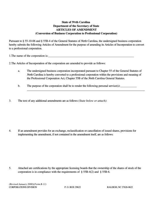 Form B-11 - Articles Of Amendment - North Carolina Secretary Of State Printable pdf