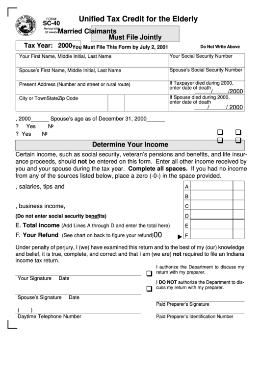 Form Sc-40 - Unified Tax Credit For The Elderly - 2000 Printable pdf