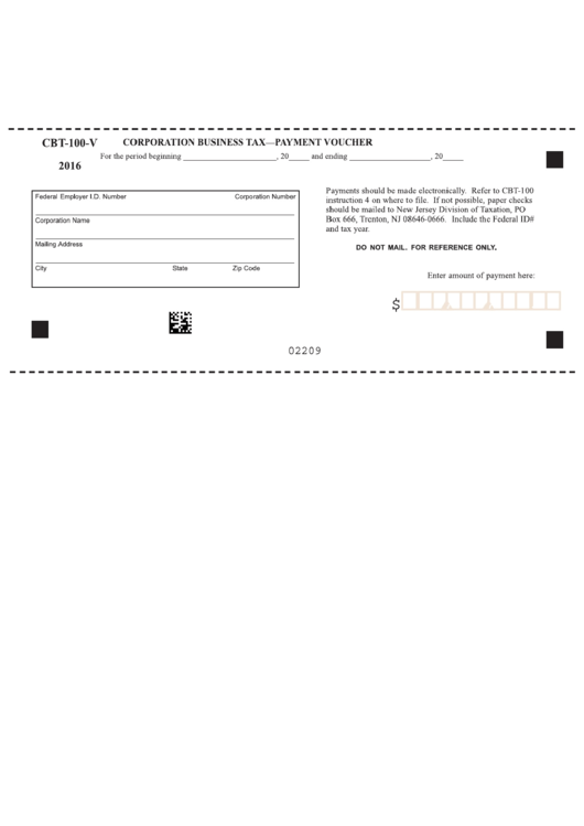 Fillable Form Cbt-100-V - Corporation Business Tax-Payment Voucher - 2016 Printable pdf