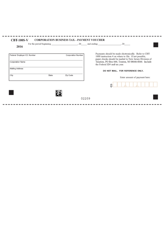 Fillable Form Cbt-100s-V - Corporation Business Tax-Payment Voucher - 2016 Printable pdf