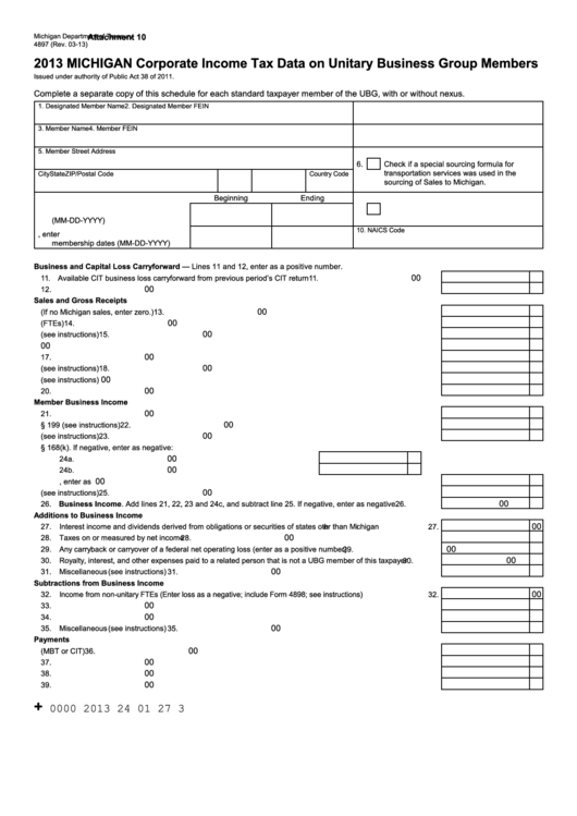 Form 4897 - Michigan Corporate Income Tax Data On Unitary Business Group Members - 2013 Printable pdf
