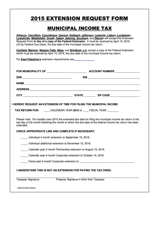 Municipal Income Tax Extension Request Form - 2015 Printable pdf