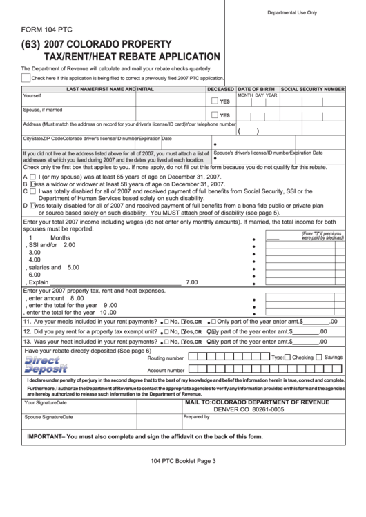 Fillable Form 104 Ptc Colorado Property Tax rent heat Rebate 