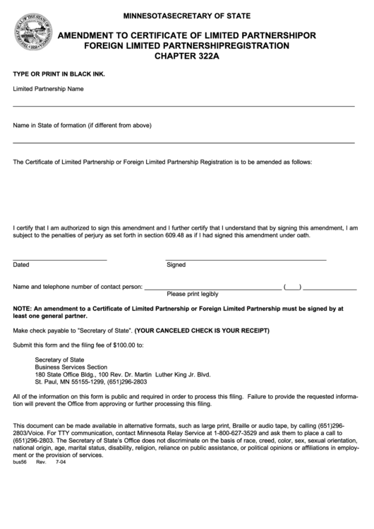 Form Bus56 - Amendment To Certificate Of Limited Partnership Or Foreign Limited Partnership Registration - 2004 Printable pdf