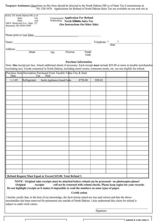 Application For Refund North Dakota Sales Tax Printable pdf