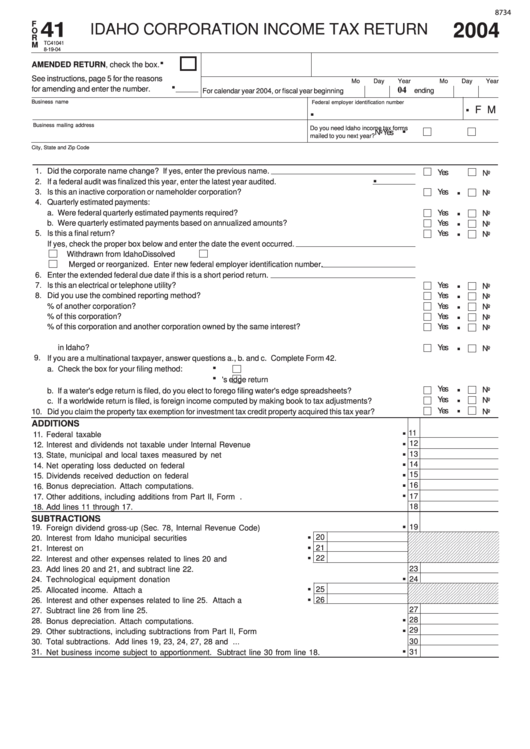 Fillable Form 41 - Idaho Corporation Income Tax Return - 2004 Printable pdf