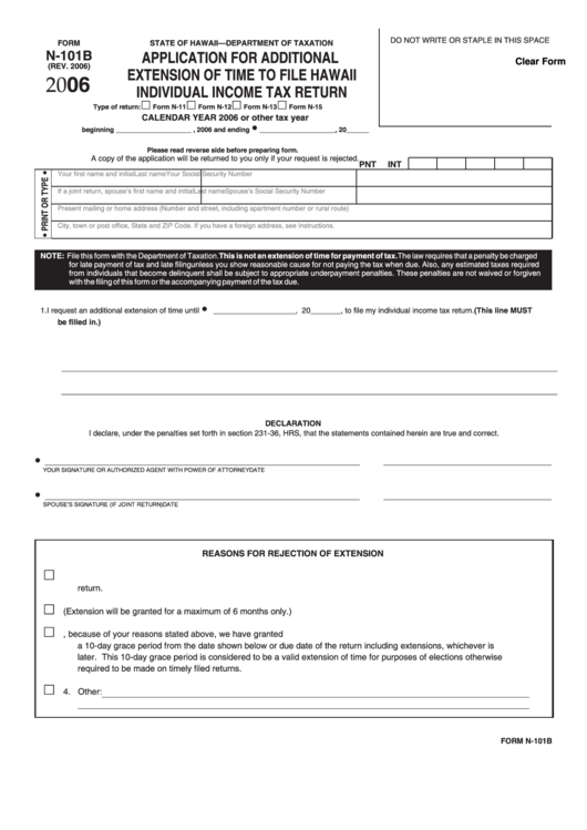 Fillable Form N-101b - Application For Additional Extension Of Time To File Hawaii Individual Income Tax Return - 2006 Printable pdf